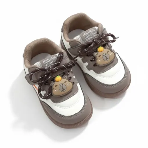 Baby SoftSteps Taupe & White Sneakers – Cute Animal Patch